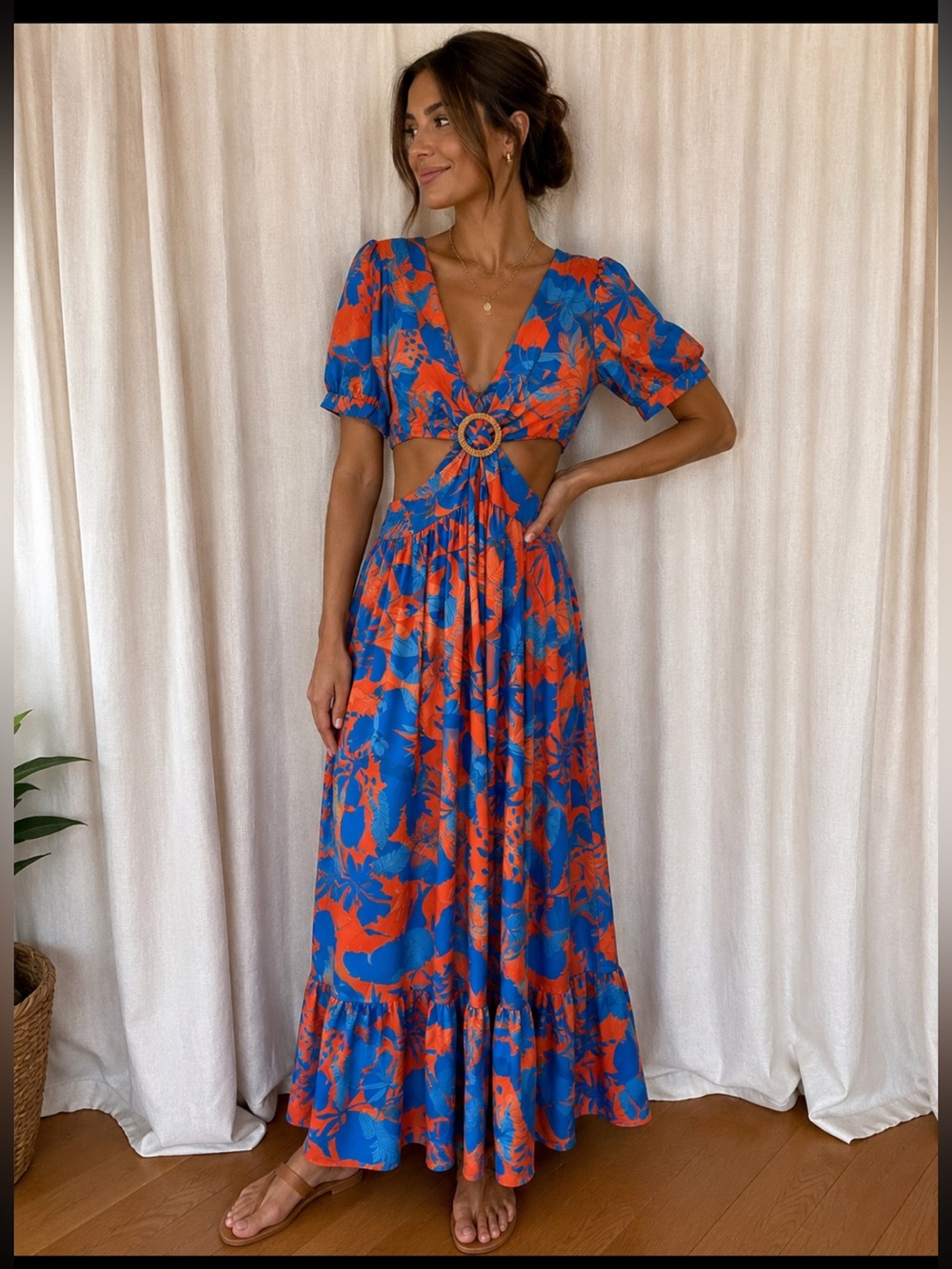 NWT Made in Italy Tropical Cut Out Maxi Dress Blue Orange Open Back One Size